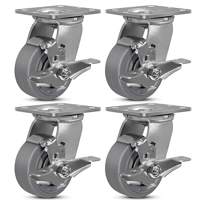 4"x2" Rubber Wheels (Flat Tread)- Heavy Duty Casters, Industrial Caster Wheels- Set of 4 with up to 2800 LB Capacity- Use for Dollies, Workbench(4 Brake)