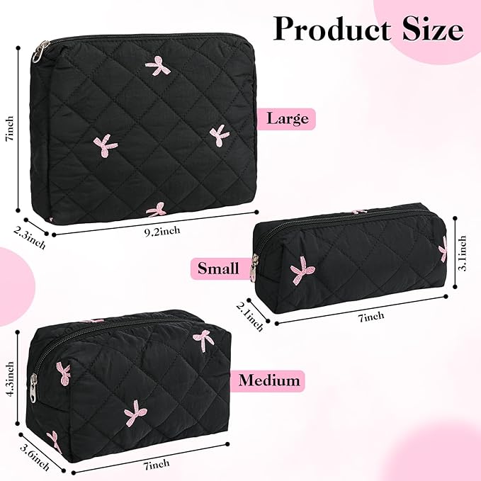 Quilted Makeup Bag Set,3 Pcs Puffy Cosmetic Bags Aesthetic Make Up Bags,Small Zipper Pouch,Travel Toiletry Bag Purse Organizer Pouches for Women (Black-Bow)