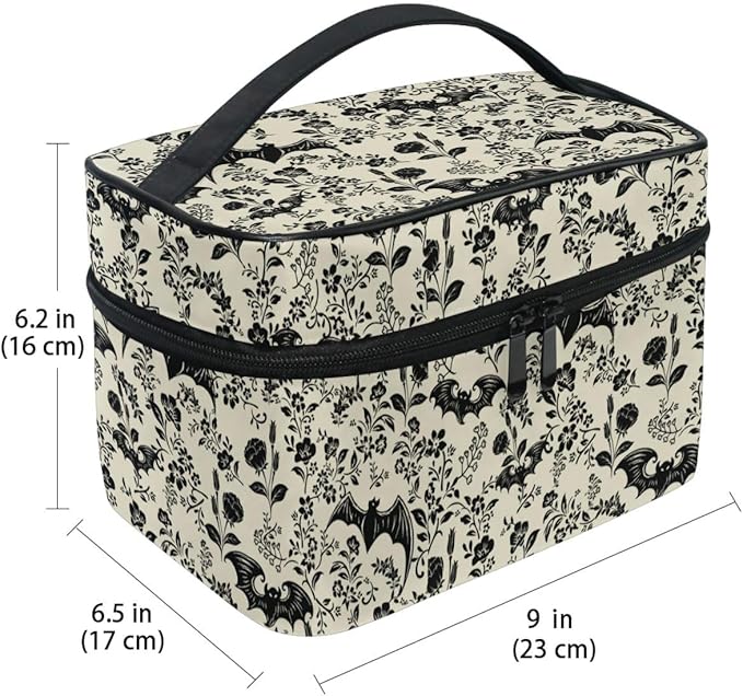 Makeup Train Case Bat Retro Flower Korean Carrying Portable Zip Travel Cosmetic Brush Bag Organizer Large for Girls Women
