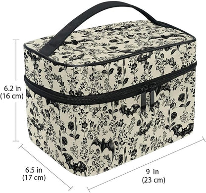Makeup Train Case Bat Retro Flower Korean Carrying Portable Zip Travel Cosmetic Brush Bag Organizer Large for Girls Women