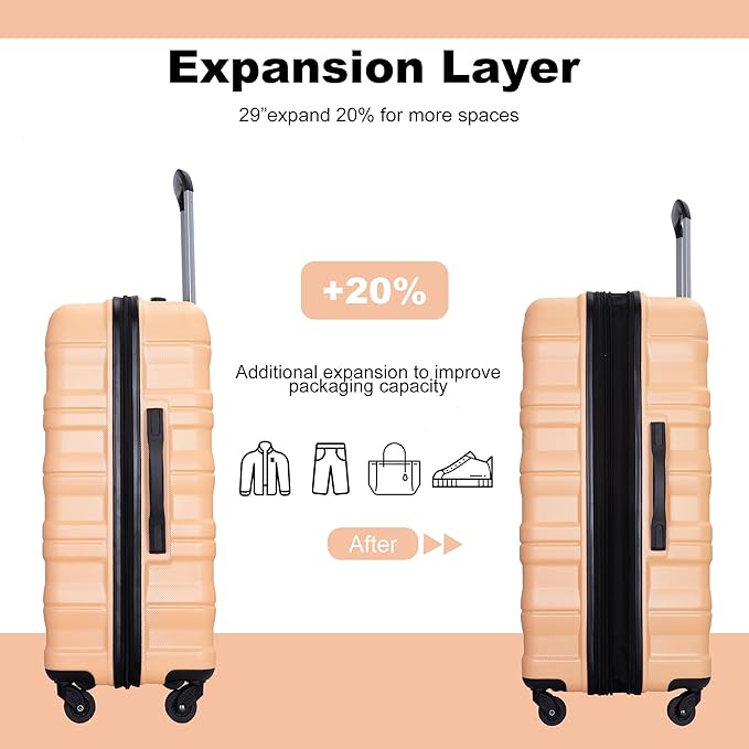 Travelhouse Luggage Sets, Expandable Hardside Suitcases 24in/28in, Carry on 20in,3 Piece Set Travel Luggages Clearance with Double Spinner Wheels TSA Lock Lightweight (Peach-66)