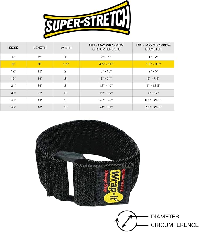 Super-Stretch Wrap-It Storage Straps - (10) 9" Orange - Elastic Hook and Loop Cinch Straps - Extension Cord Organizer, Hose and Cables Straps, Cord Wrap, Cord Keeper, Garage and RV Storage Accessories