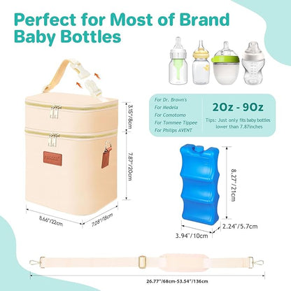PIIOSER Breastmilk Cooler Bag with Ice Pack Fits 6 Baby Bottles Up to 9 Ounce, Insulated Baby Bottle Tote Bags, Double Layer Waterproof Leak-Proof with Shoulder Strap for Nursing & Working Mom (Cream)