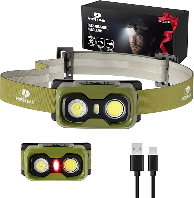 Mossy Oak 600 Lumens Rechargeable Headlamp, Lightweight LED Headlight with White & Red Light, Waterproof Head Lamp with Non-Slip Band, Dimmable & Memory Function for Camping, Running, Christmas Gifts