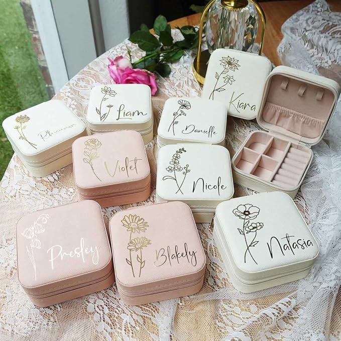DayOfShe Personalized Travel Jewelry Box with Name and Birth Flower,Personalized Bridesmaid Gifts for Women Custom Small Travel Jewelry Case Stocking Stuffers Women Teen Girls Gifts