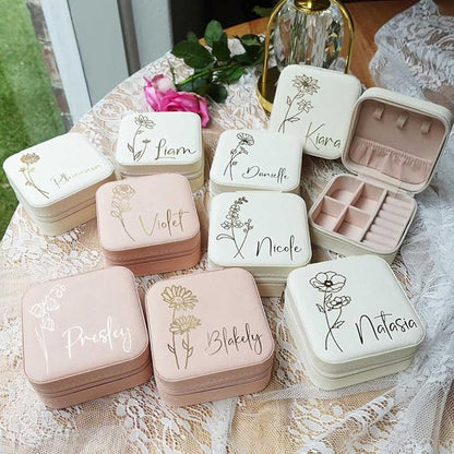 DayOfShe Personalized Travel Jewelry Box with Name and Birth Flower,Personalized Bridesmaid Gifts for Women Custom Small Travel Jewelry Case Stocking Stuffers Women Teen Girls Gifts