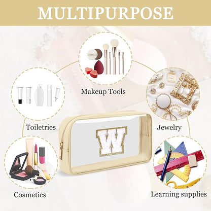 Small Clear Personalized Initial Makeup Bag, Preppy A-Z Chenille Letter Patch Cosmetic Bag, Cute Transparent Nylon Waterproof Zipper Beach Varsity Letter Pouch, Gift for Women Girls(Beige-White W)