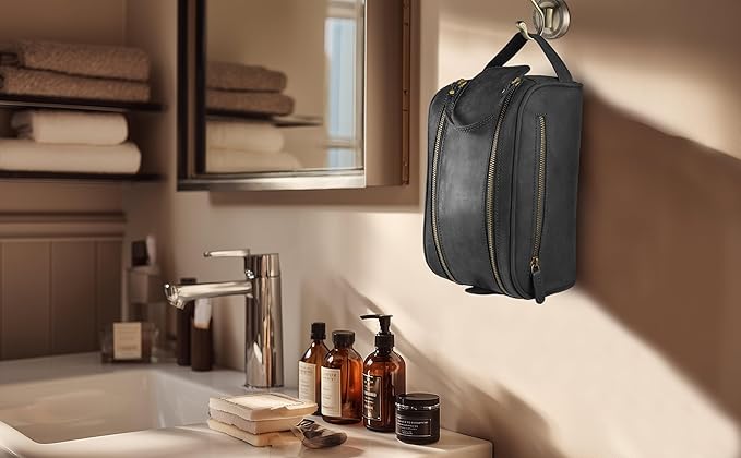 mds Genuine Leather Toiletry Bag for Men - Unisex Rustic Classic Vintage Handcrafted Full-Grain Leather Travel Dopp Kit with Waterproof Lining & Handle, Shaving & Grooming Kit Organizer Pouch - Black