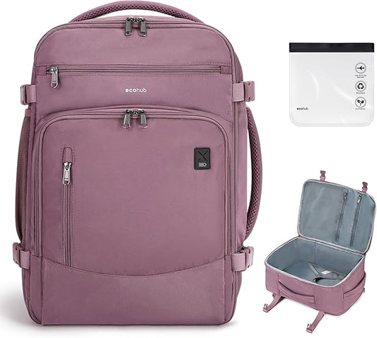 ECOHUB Travel Backpack for Women, 18x14x8 Spirit Airlines Personal Item Bag with Clear Toiletry Bag, Laptop Carry on Backpack with USB Port, Airline Approved Under Seat 14 Pockets 30L, Pink