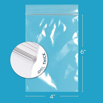 GPI - Pack of 100, 4" x 6" CLEAR PLASTIC RECLOSABLE ZIP BAGS - Heavy Duty, Bulk 4 mil Thick Strong & Durable Poly Baggies with Resealable Zip Top Lock For Travel, Storage, Packaging & Shipping