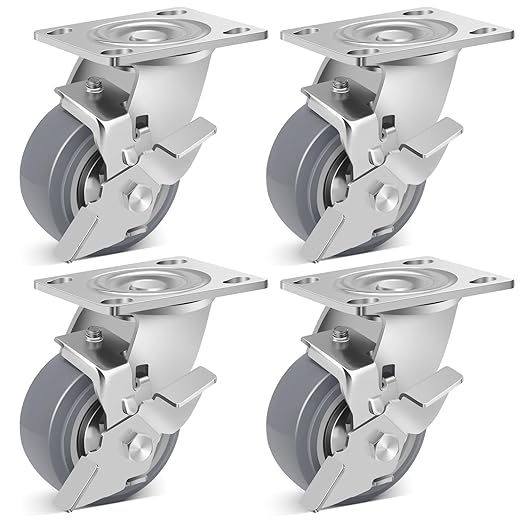 Nefish 4 Inch Heavy Duty Casters Wheels, Industrial Grade Thermoplastic Rubber Casters with Brake 2500 LBS, Ball Bearing Plate Swivel Castors Set of 4, Casters Wheels for Furniture, Cabinet, Table