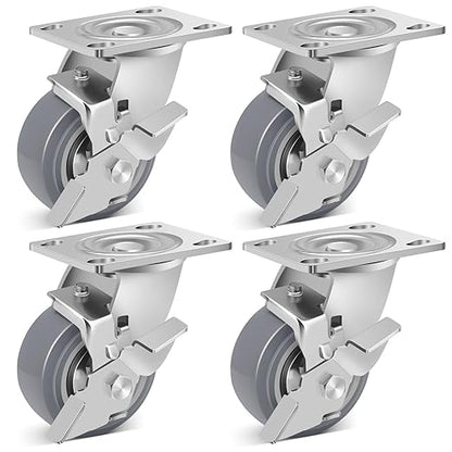 Nefish 4 Inch Heavy Duty Casters Wheels, Industrial Grade Thermoplastic Rubber Casters with Brake 2500 LBS, Ball Bearing Plate Swivel Castors Set of 4, Casters Wheels for Furniture, Cabinet, Table