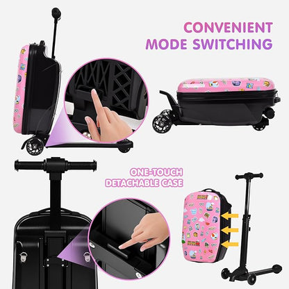 smilesun 4-in-1 Detachable Scooter Luggage for Kids & Teens, Foldable Hardside Ride On Suitcase with Wheels, Stylish and Safe Design(Pink)