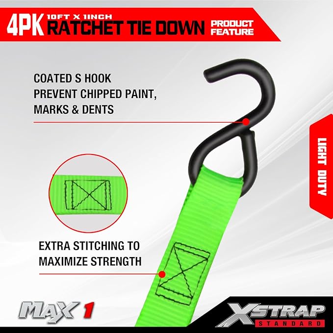 XSTRAP STANDARD Ratchet Tie Down Straps 4 Pk 10 Ft- 300 Lbs Load Cap- 900 Lbs Break Strength-Cargo Straps for UTV, ATV, Pickup,Truck, Moving Appliances, Lawn Equipment, Neon Green