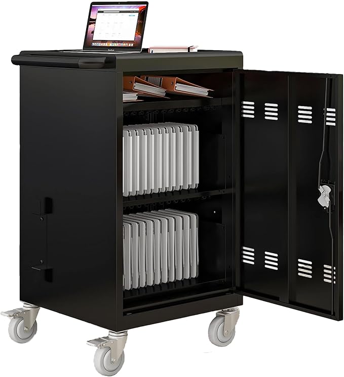 Laptop Storage Rack for Multiple Laptops, Storage for A Total of 30 Devices, Mobile Charging Cabinet and Cart for Tablets and Laptops Up to 17'' Screen Size., Black