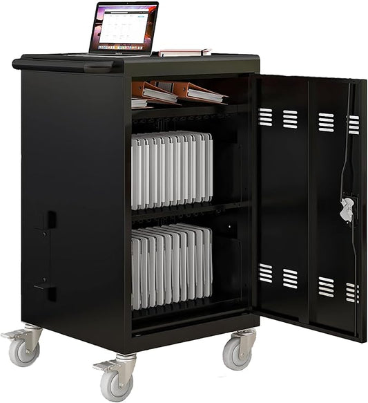 Laptop Storage Rack for Multiple Laptops, Storage for A Total of 30 Devices, Mobile Charging Cabinet and Cart for Tablets and Laptops Up to 17'' Screen Size., Black