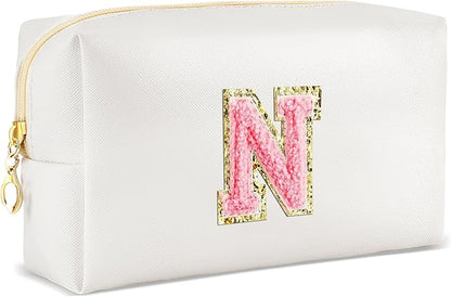 Initial Makeup Bag Personalized Preppy Travel Small Cosmetic Bag Cute PU White Chenille Letter Makeup Pouch for Purse Waterproof Zippered Toiletry Organizer for Women Girl Kid Friends(N)