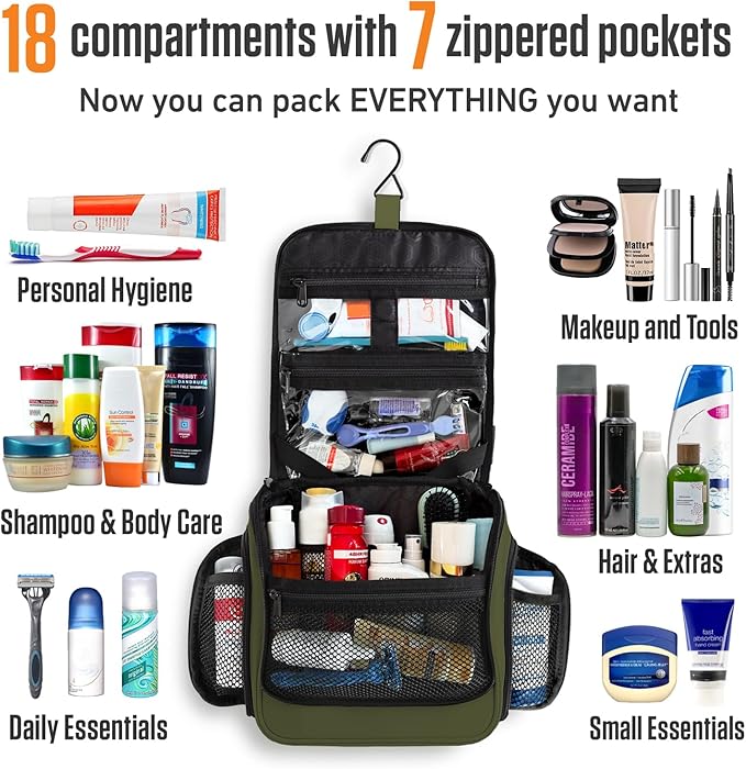 VENTURE 4TH Hanging Travel Toiletry Bag for Women & Men – Large Toiletry Organizer with 18 Compartments, Removable TSA Pouch, Travel Wash Bag for Toiletries, Makeup & Shaving Kit (Dark Green)
