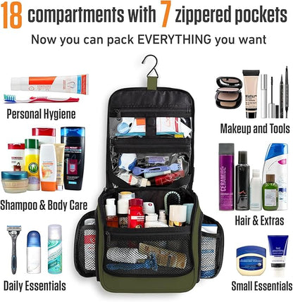 VENTURE 4TH Hanging Travel Toiletry Bag for Women & Men – Large Toiletry Organizer with 18 Compartments, Removable TSA Pouch, Travel Wash Bag for Toiletries, Makeup & Shaving Kit (Dark Green)