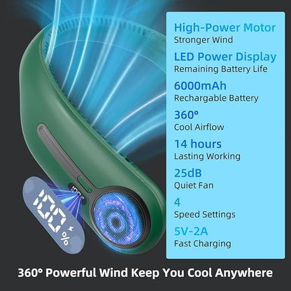 Portable Neck Fan,Hands Free Personal Wearable Bladeless Fan,6000mAh USB Rechargeable,360° Cooling,LED Display,4-Speeds,Birthday Gifts for Men Women Dad Mom,Christmas Gifts (Dark green)