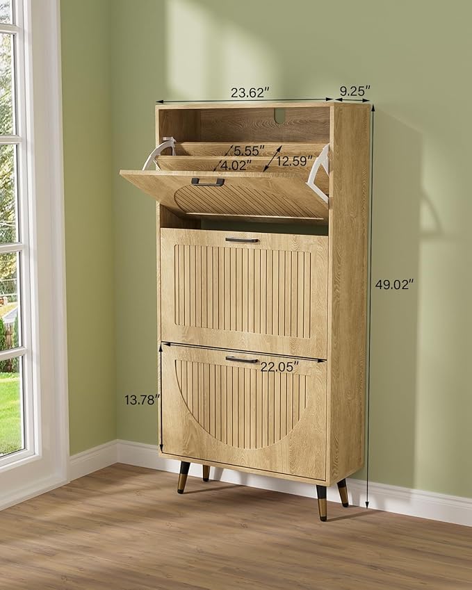 Rattan Shoe Cabinet with 3 Flip Drawers, Large Narrow Shoe Storage Organizer for Entryway, Rustic Oak Shoe Rack with Metal Legs, Black Handles, Slim Freestanding Flip Drawer Shoe Cabinet (Oak Rattan)