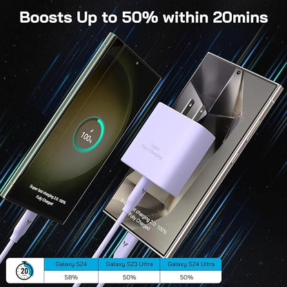 45W Super Fast Charger USB C,45 Watt Type-C Android Phone Charger Fast Charging Block with 6.6FT Type C Cords for Samsung Galaxy S25 Ultra/S24 Ultra/S24+/S23 Ultra/S22 Plus/S20,Tab S9/S8 Ultra(Purple)