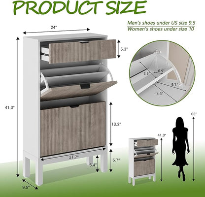 GAOMON Shoe Cabinet with 2 Flip Drawers, Entryway Cabinet with Adjustable Shelves, Accommodate 8 to 12 Pair of Shoes, Space-Saving Slim Shoe Cabinet for Entryway, Hallway, Front Door, White Grey