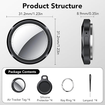 Air Tracker Tags-4 Pack Black | Bluetooth Tracker Work with Apple Find My (iOS Only), Smart Tag with Protective Case/Keychain/Lanyard, Item Finder for Luggage/Key/Suitcase, Replaceable Battery