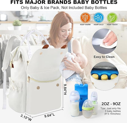 PIIOSER Diaper Bag Backpack with Ice Pack, Large Capacity & Waterproof Baby Travel Backpack Bag for Moms Dads, Insulated Baby Cooler Bag with Changing Pad, Stroller Straps & Pacifier Case, Cream