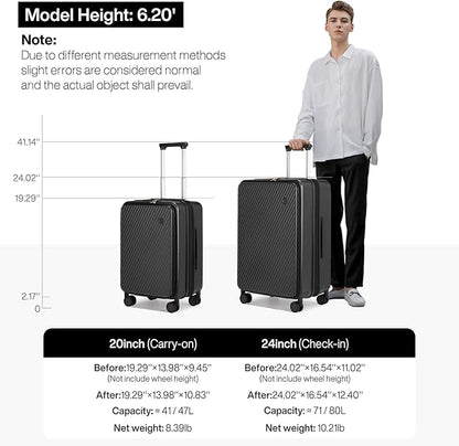 mixi 24 Inch Large Expandable Checked Luggage PC Hard Shell Suitcase Top Opening Rolling Travel Suitcases with Spinner Wheels & TSA Lock, Black