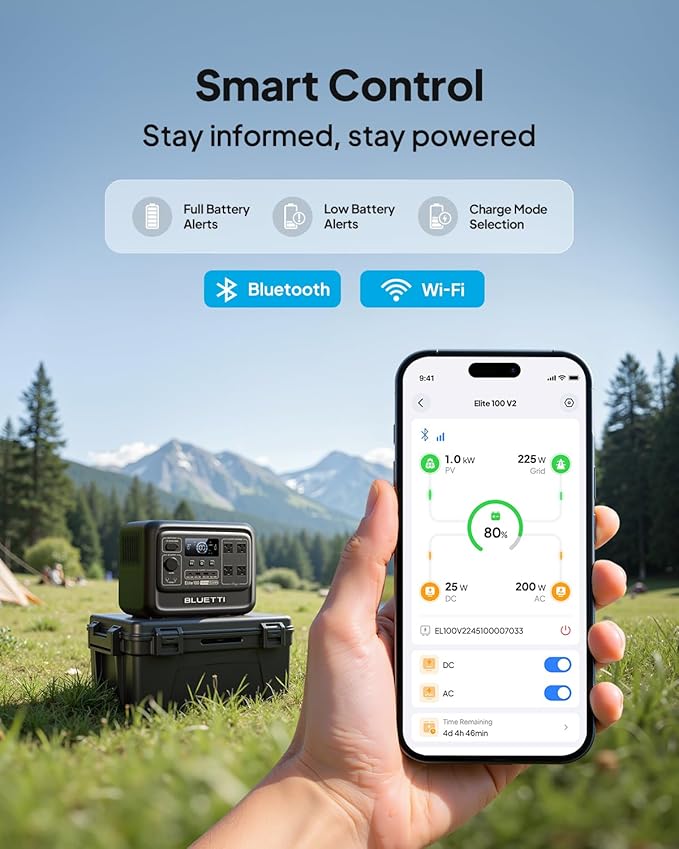 BLUETTI Elite 100 V2 Portable Power Station and Car Cable, 1024Wh LFP Battery Solar Generator w/ 4 1800W AC Outlets (3600W Surge) Backup, 35% Smaller for Camping, RV, Outages (Solar Panel Optional)