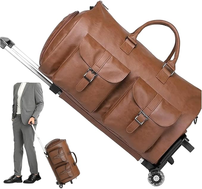 Wheeled Duffel Bags Duffle Bag with Wheels and Handle, Foldable Waterproof PU Large Capacity Wheeled Duffel Bags with Adjustable Strap for Women and Men, Brown