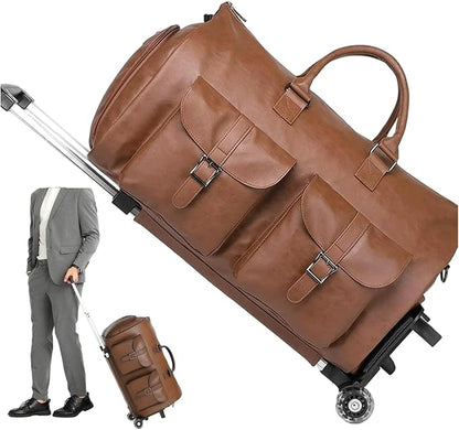 Wheeled Duffel Bags Duffle Bag with Wheels and Handle, Foldable Waterproof PU Large Capacity Wheeled Duffel Bags with Adjustable Strap for Women and Men, Brown