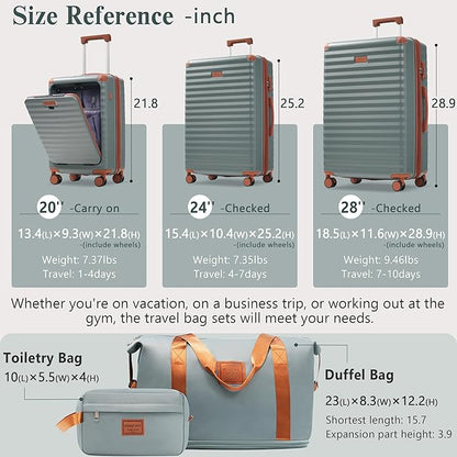 Merax Luggage Sets 3 Piece Front Opening, Hardside Lightweight Carry on Suitcase with Cup Holder USB Port,Durable Expandable Luggage with Bags Spinner Wheels and TSA Lock,Grey Green