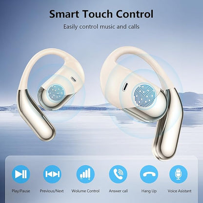 Open Ear Clip Wireless Earbuds Bone Conduction Headphones, Bluetooth 5.4, Open Ear Design, Built-in Mic, IPX7 Waterproof, LED Display Charging Case,Ear Hooks Ear Buds for Fitness/Travel/Gym/Running