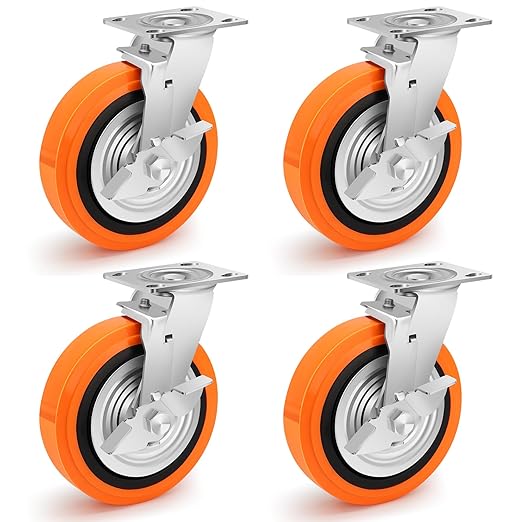 8 Inch Heavy Duty Casters - Industrial Casters with Upgraded Thickened Bracket Set of 4, Polyurethane Wheel Capacity up to 6000 lbs, Swivel Caster for Workbench, Platform Truck(4 Brake)