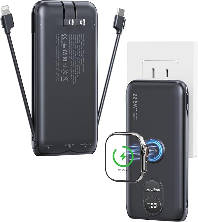 Portable Charger, 10000mAh 22.5W Fast Charging Power Bank with Built in Cable & Wall Plug, Travel Essential Battery Pack with LED Display, External Charger for iPhone 17/16, iWatch 11/10/9/8/Ultra/SE
