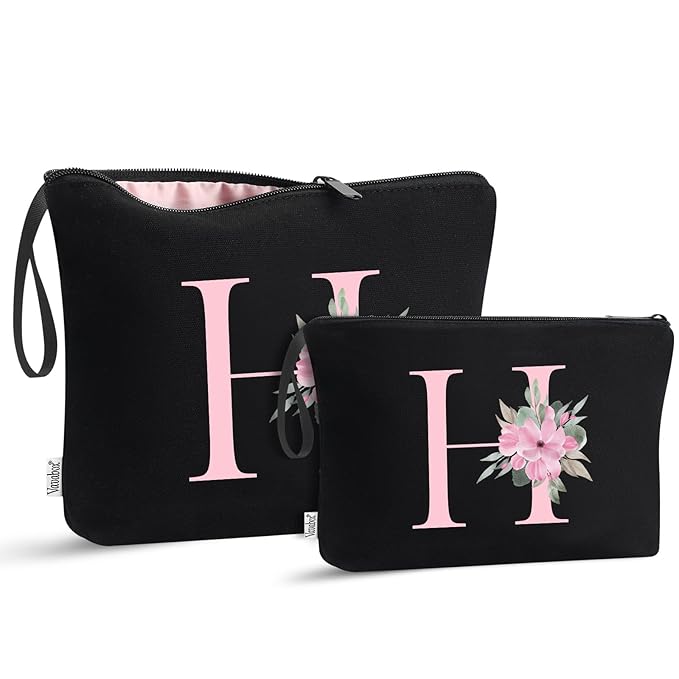 Vavabox A-Z Personalized Makeup Bag, Birthday Gifts for Women Mom, Gifts for Best Friend, Bride Bridesmaid Cosmetic bag (H, 04-Black Set)