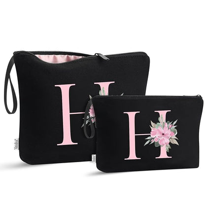 Vavabox A-Z Personalized Makeup Bag, Birthday Gifts for Women Mom, Gifts for Best Friend, Bride Bridesmaid Cosmetic bag (H, 04-Black Set)