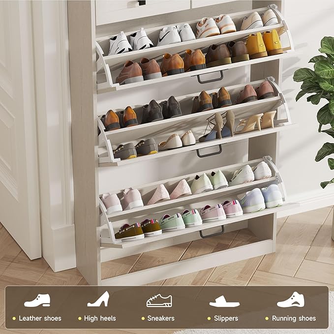 Shoe Cabinet with 3 Flip Drawers & 2 Drawers,Freestanding Shoe Storage Cabinet for Entryway,Farmhouse Narrow Slim Organizer Rack for Foyer,Hallway,White
