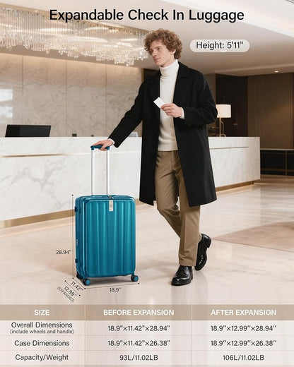 Hanke 26 Inch Expandable Luggage Top Opening Checked Bag Luggage Hard Shell Suitcases with Wheels Lightweight Travel Luggage Heavy Duty Luggage Suitcase with Lock for Woman Men-Caribbean Blue