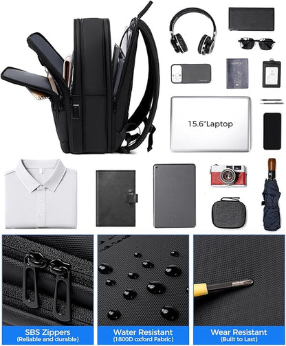 Work Backpack for Men, Expandable Backpack with USB C Charging Port, Water Resistant 15.6 Inch Laptop Backpack, Black