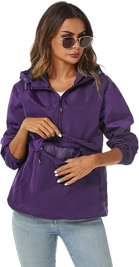 Avoogue Womens Rain Jacket with Hood,Pullover,Packable,Lightweight,Windbreaker,Waterproof,Breathable.