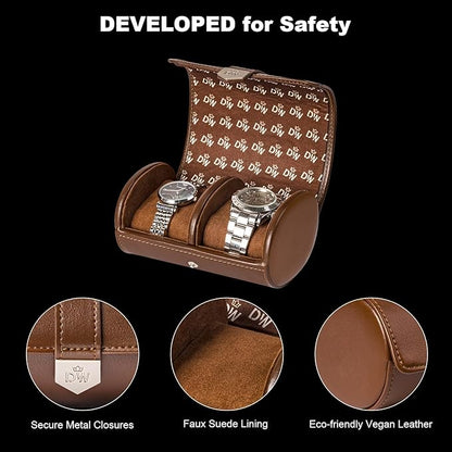 DUKWIN Watch Roll for 2 Watches,Vegan Leather Travel Watch Case Organizer with Removable Pillows for Men and Women,Display Case for Watches Collection and Gift for Anniversary Birthday(Brown Storage)