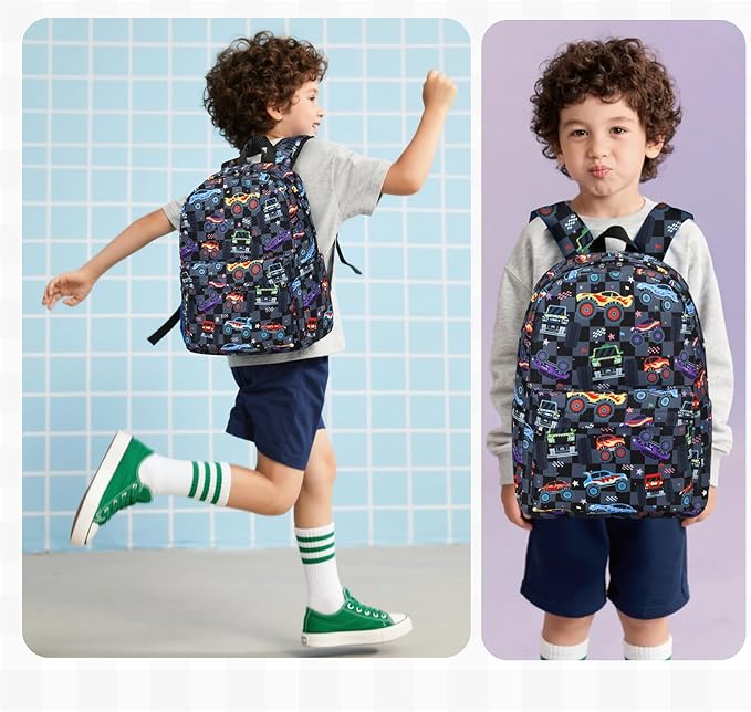 CAMTOP Backpack for Kids, Boys Girls Preschool Backpacks with Lunch Box Toddler Kindergarten School Bookbag Set (Vehicle Black Check)