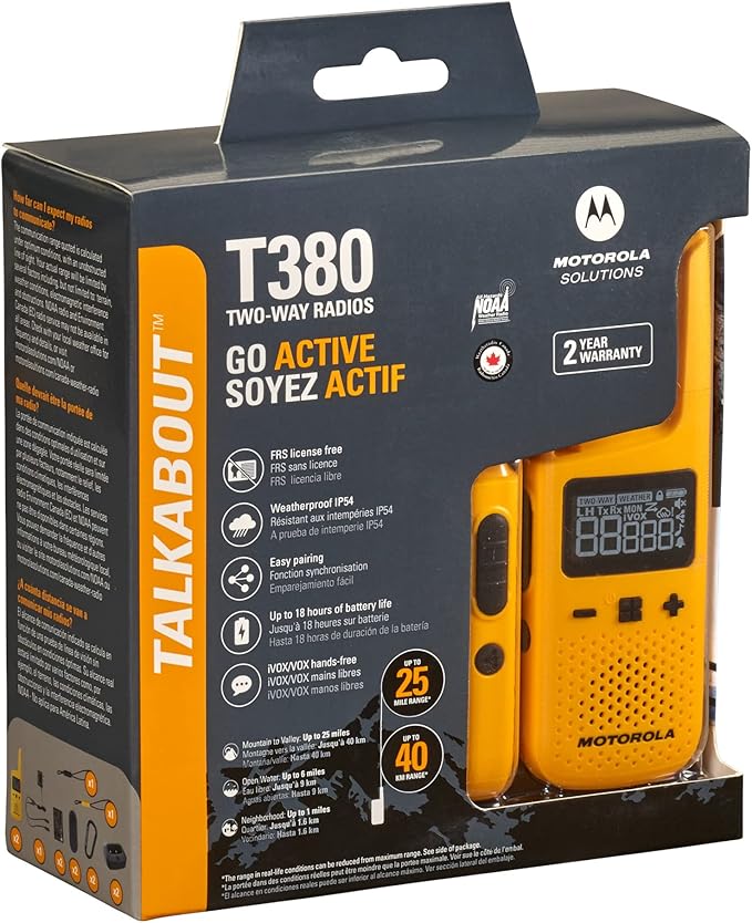 Motorola Solutions, Portable FRS, T380, Talkabout, Two-Way Radios, Rechargeable, W/ Charging Dock, 22 Channel, 25 Mile, Yellow, 2 Pack