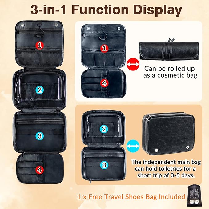 Custom 3-in-1 PU Leather Toiletry Bag for Men - Personalized Hanging Travel Organizer with Multiple Compartments for Father, Husband, Boyfriend - Business Trip Gift (Reddish brown)