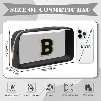 Personalized Initial Letter Clear Makeup Bag,Preppy Small Nylon&PVC Cosmetic Zipper Bag with Chenille Letter,Travel Skincare Toiletry Bag,Monogram Christmas Gift for Teen Girls Women,B