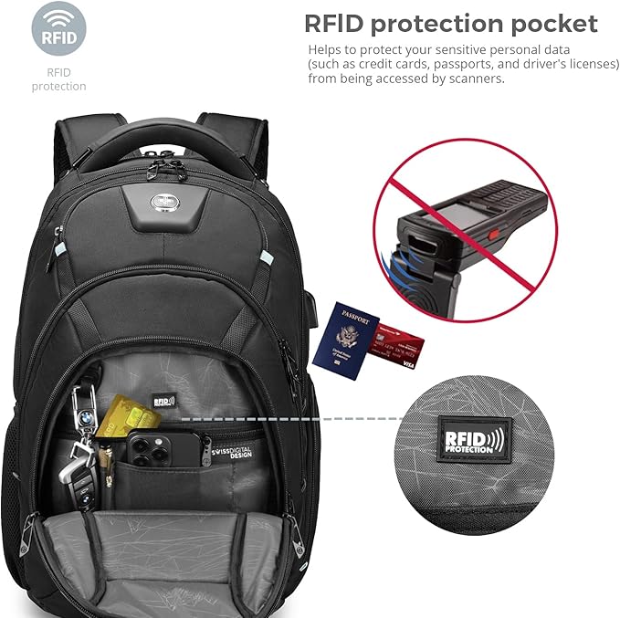 Swissdigital Design Men's Travel Laptop Backpack, TSA Friendly USB Charging RFID Protection Backpack for College and Business, Fits 17" Laptops Black | SD1644FB-01
