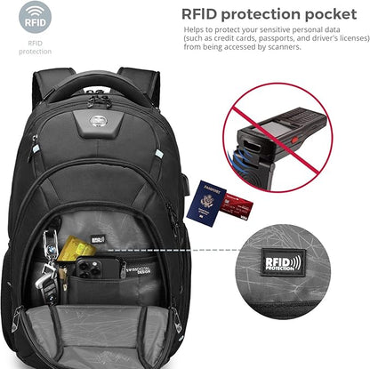 Swissdigital Design Men's Travel Laptop Backpack, TSA Friendly USB Charging RFID Protection Backpack for College and Business, Fits 17" Laptops Black | SD1644FB-01